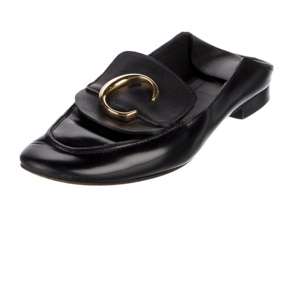 Chloe Black and Gold Logo Leather Loafers size 40